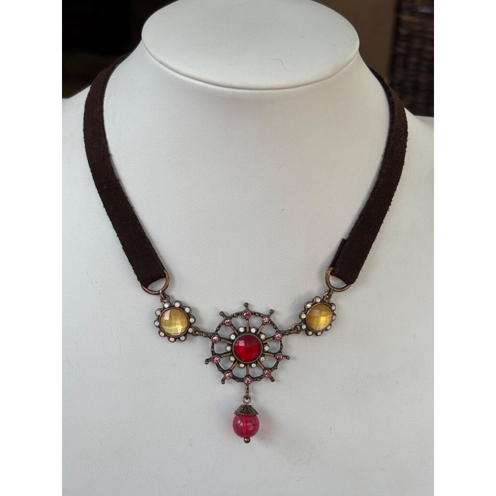Brown Suede Choker Necklace With Red & Yellow Gemstone Accents Adjustable Chain